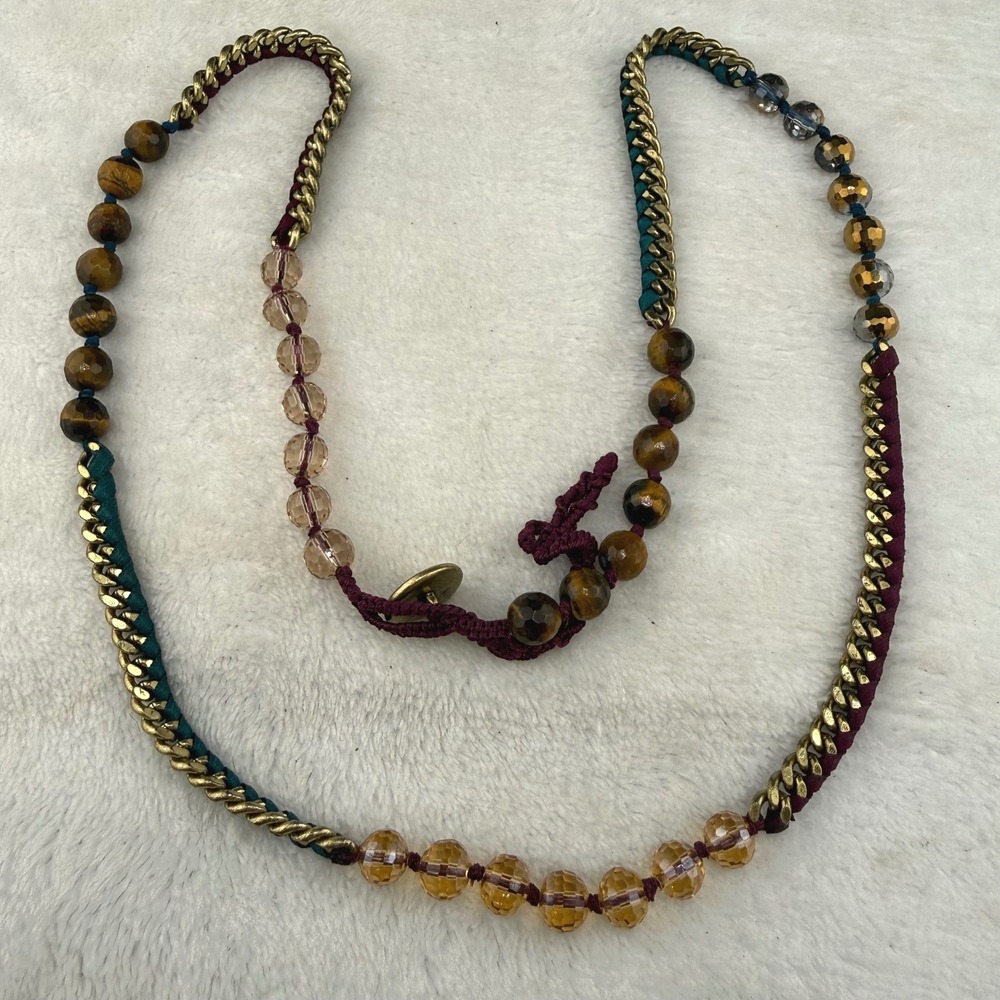 Chloe + Isabel Necklace Gold Burgundy Teal Mixed Media Beaded 27" READ